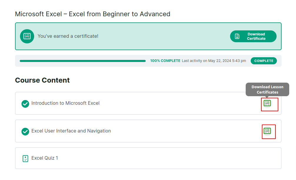 Lesson certificates on course page