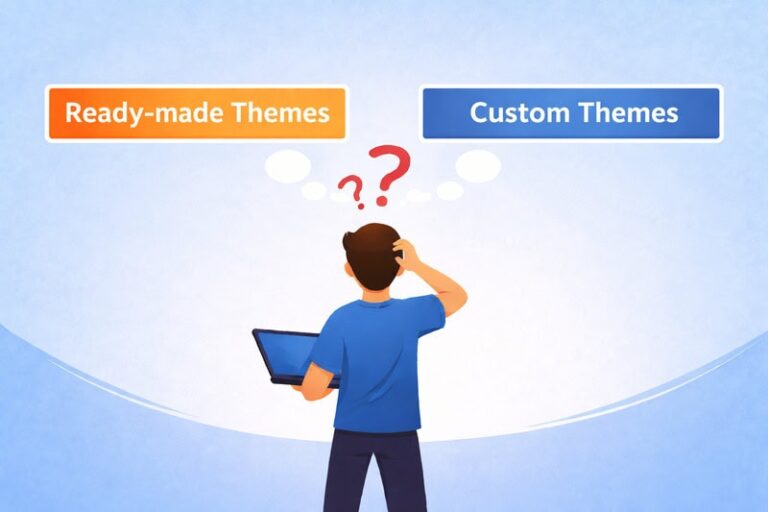 Person holding a laptop, confused between ready-made themes and custom themes options.