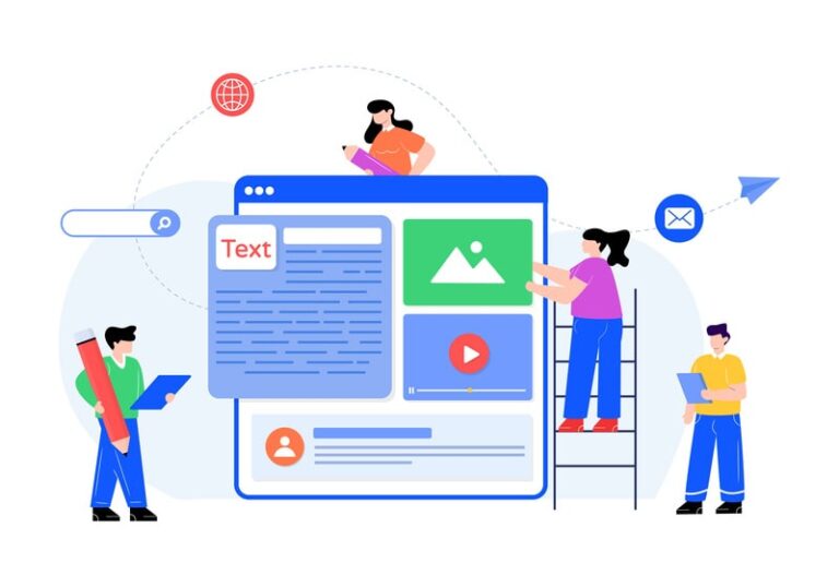 Illustration of people collaborating to build a website interface with text, images, and video elements.